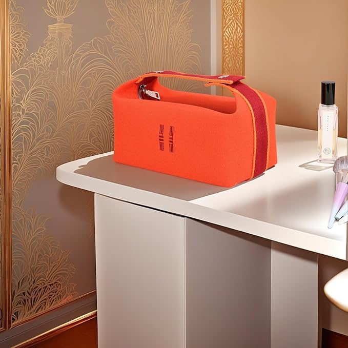 Fashion Makeup Bag for Women, Orange Red Canvas Make up Travel Bag, Hanging Cosmetic Bag Organizer for Wome