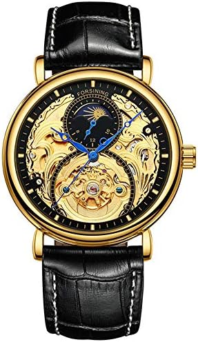FORSINING Men's Automatic Analog Watch Fashion Skeleton Tourbillon Waterproof Moon Phase Leather Mechanical Watch