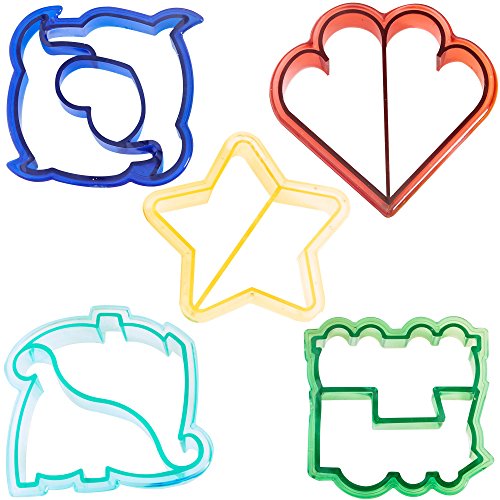 VonShef Fun Cookie Cake and Sandwich Cutter Shapes for Kids, Set of 5 Shapes Dinosaur, Dolphin, Heart, Star and Train, 5pc Set