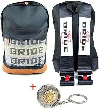 JDM Racing Bride Backpack Harness Shoulder Straps Zipper Pockets with Padded Computer Compartment with BBS Keychain (Black)