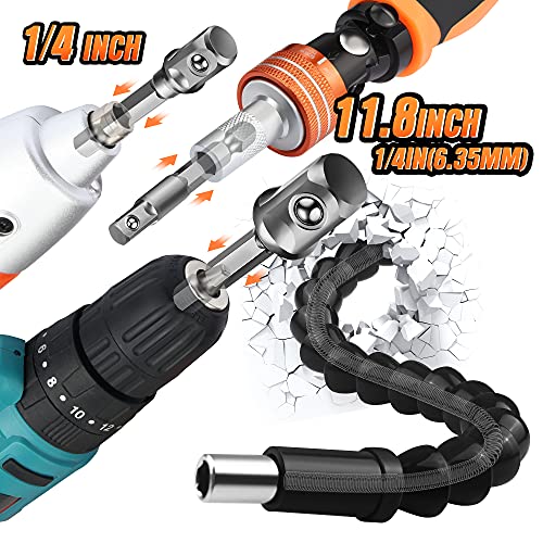 JelBo 11.8 Inch Flexible Shaft Extension Bits, Impact Driver Socket Adapter, 1/4 Hex Shank Magnetic Screwdriver Bit Holder Connect Link, Drill Socket Adapter for Power Drill.