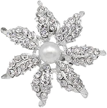 eGlomart Crystal Leaf Brooches, Rhinestone Ivory Simulated Pearl Silver-Tone Pins