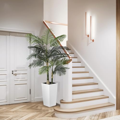 PHYTREE Artificial Palm Tree 6ft - Fake Palm Tree with White Tall Planter - Faux Plants with Realistic Trunk and Palm Leaves for Indoor Home Office Decor