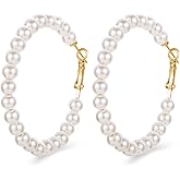 MALOYANVE Pearl Hoops Earrings for Women Dainty Artificial Multi Open Large Round Lightweight Statement Stud Earrings Bridal Wedding Jewelry Birthday Gift (Thin Hoop)
