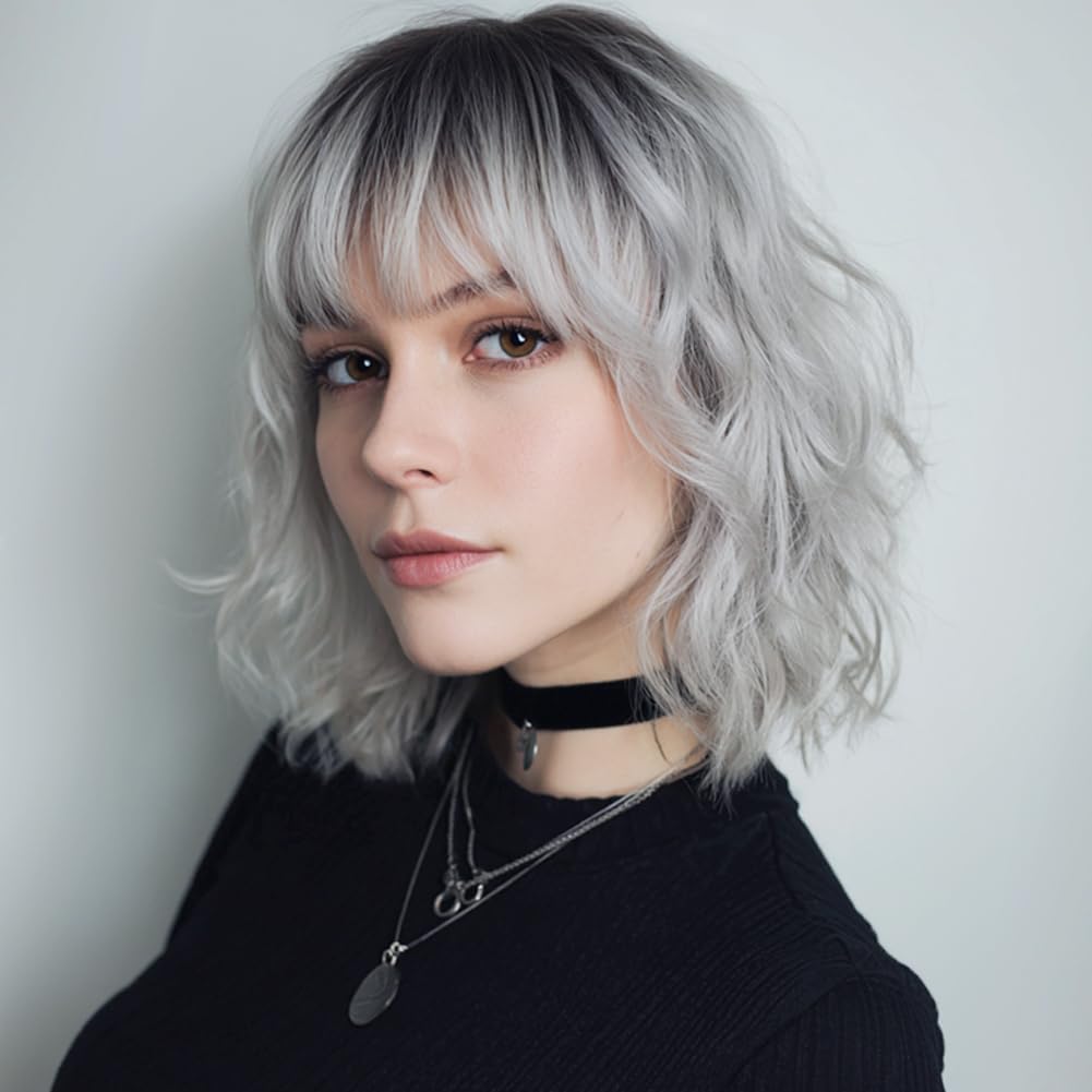 Colorfulpanda Short Ombre Silver Grey Wavy Bob Wigs with Fringe for Women Natural Shoulder Length Heat Resistant Synthetic Hair for Daily Use and Cosplay 14 inch — image 1