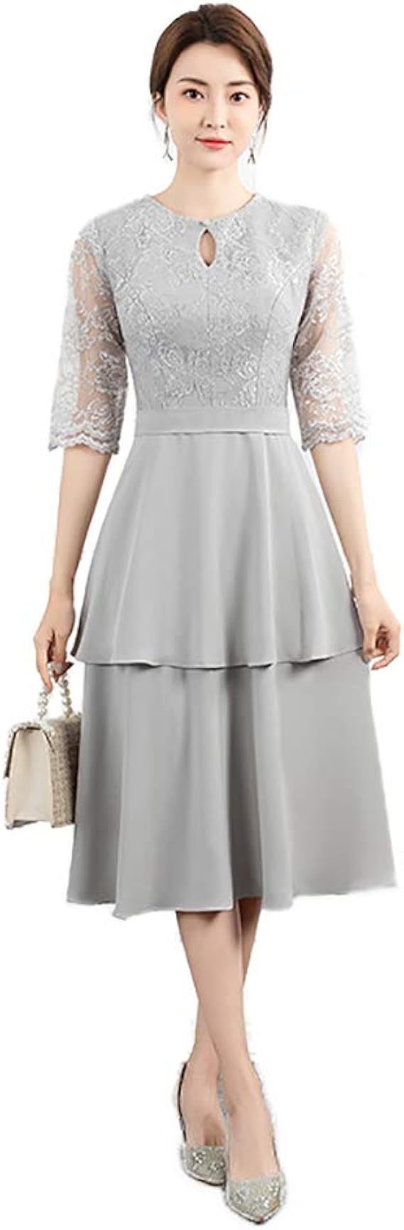 Amazon Co Jp Diki Home One Piece Dress Party Dress Wedding Dress Double Layered Hemline Wedding Dress Formal Short Sleeve Autumn Winter Embroidery Compatible With Large Sizes For Receptions Recitals Concerts After Parties Invitations