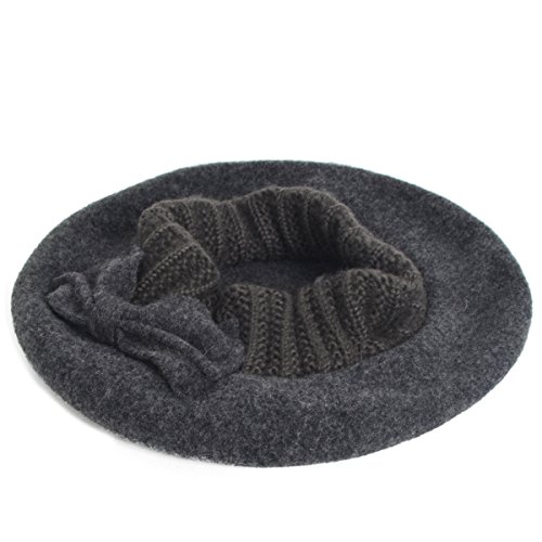 Women's 100% Wool Bucket Hat Felt Cloche Bow Dress Winter Hats (Beret-Grey)