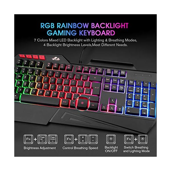 Rii-Gaming-Keyboard-Rainbow-Backlit-Light-up-Gaming-Keyboard-for-ComputerLaptopPCWindows-UK-Layout Rii RK202 Gaming Keyboard,LED Rainbow Backlit Light up Keyboard With Membrane Keys,Spill-Resistant,for PC Computer…