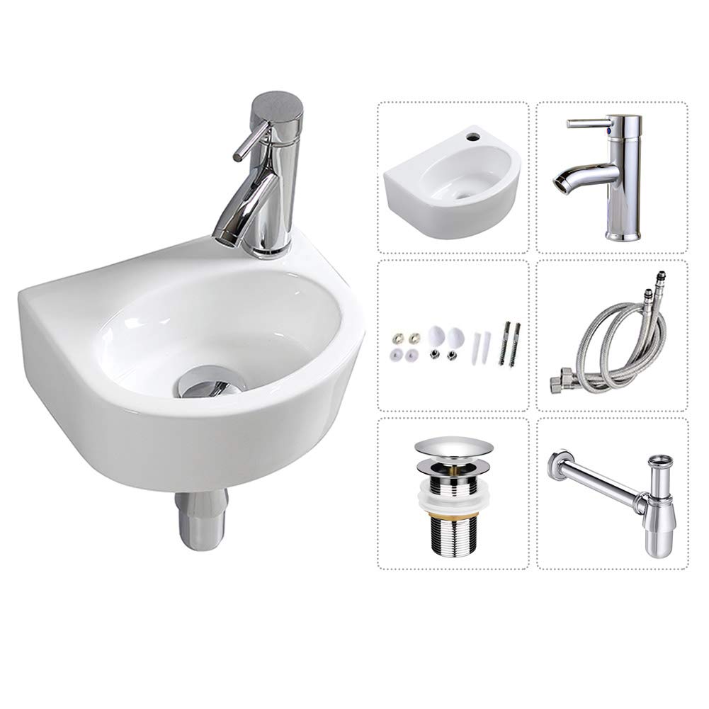 Cloakroom Basin Sink Oval Wall Hung Ceramic Washbasin for Small Cloakroom Bathroom (Sink Set(with tap&Waste))