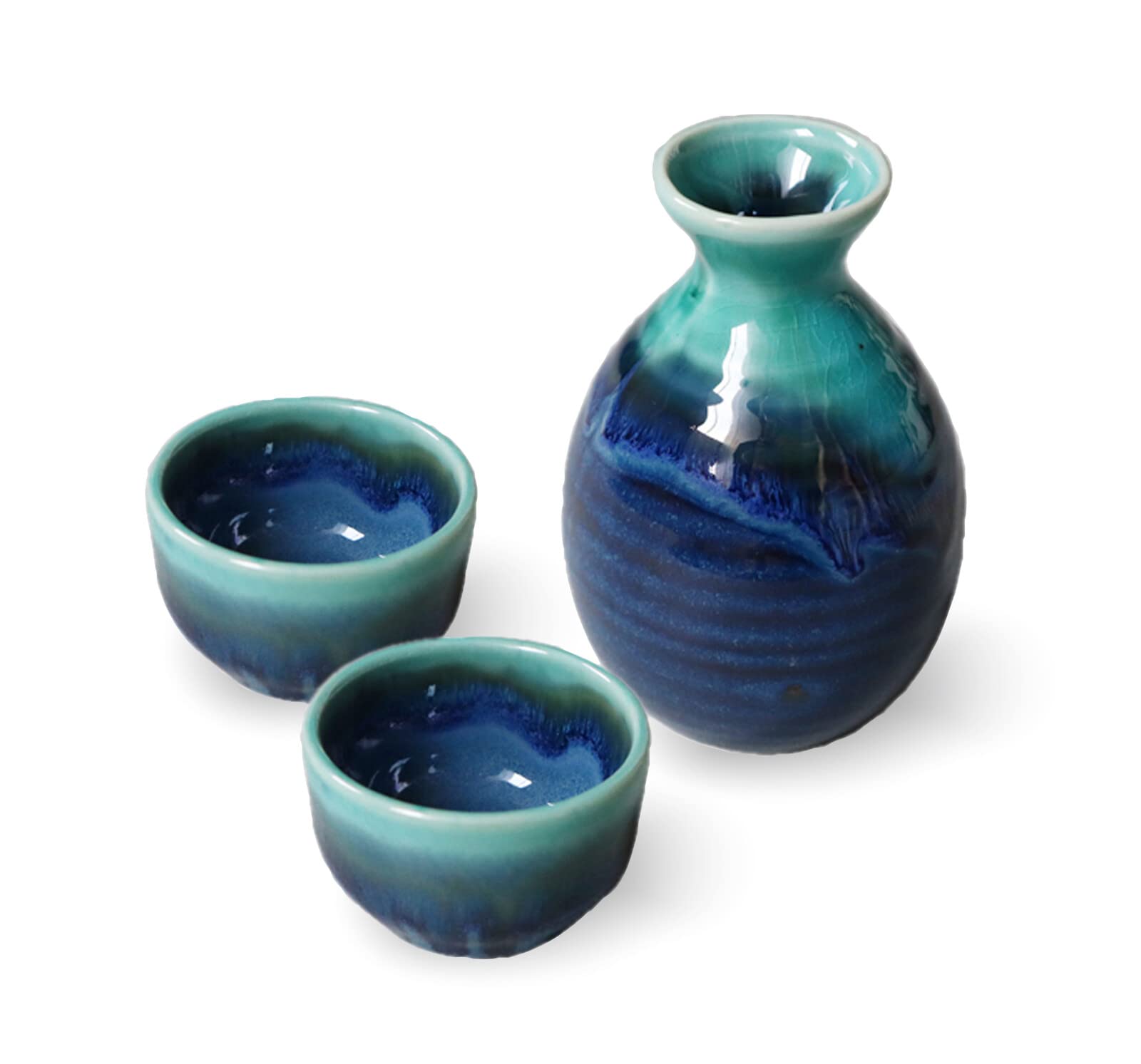 Mino Ware Turquoise Blue Japanese Sake Tokkuri 2 Cups Made in Japan