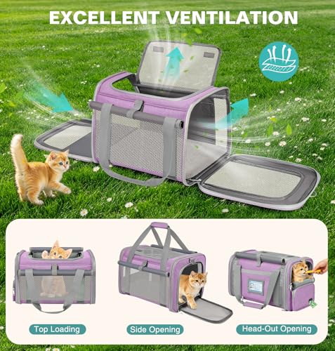 BTNEEU Foldable Cat Carrier Carrier Small Dog Carrier Airline Approved Breathable Carrier Bag with Inner Strap, Washable Soft Cushion and Adjustable Shoulder Strap (Purple)