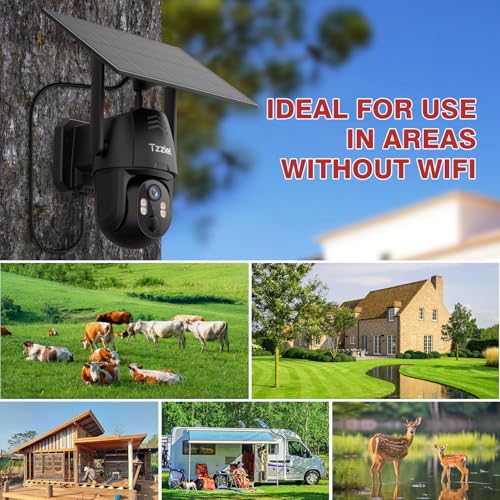 Tzziel 4G LTE Solar Outdoor Surveillance Camera Without WiFi with SIM Card, 2K PTZ Wireless, 10400mAh, 6W Solar Panel, 360° Viewing, Motion Detection, Two-Way Audio, IP66