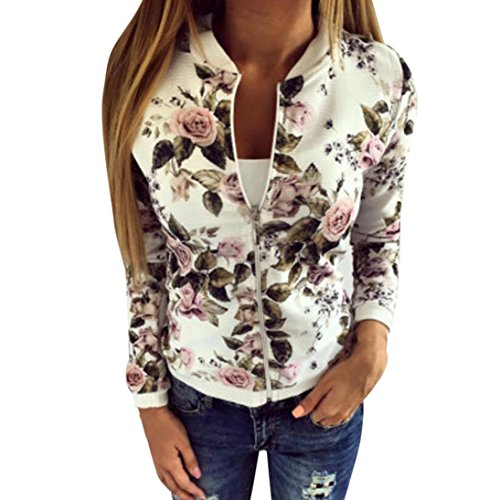 Gillberry Women Stand Collar Long Sleeve Zipper Floral Printed Bomber Jacket (White, L)