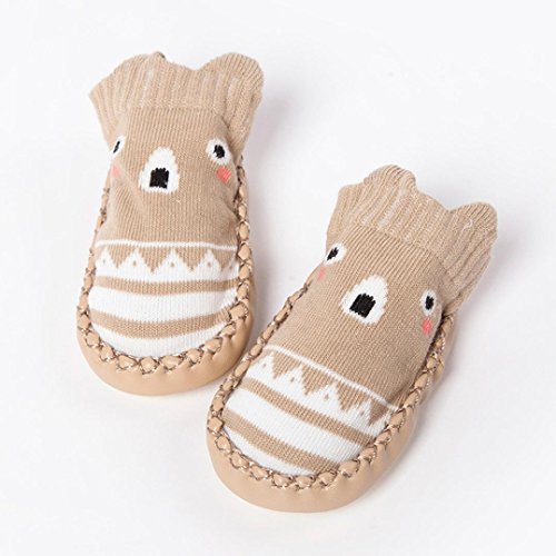 Baby Anti-Slip Slipper Socks ,Kintaz Kids Cute 3D Cartoon Cotton Moccasins Indoor Shoes Socks/Slippers Bell Shoes Boots for 0-24Month Baby (Khaki, Age:6-12M)