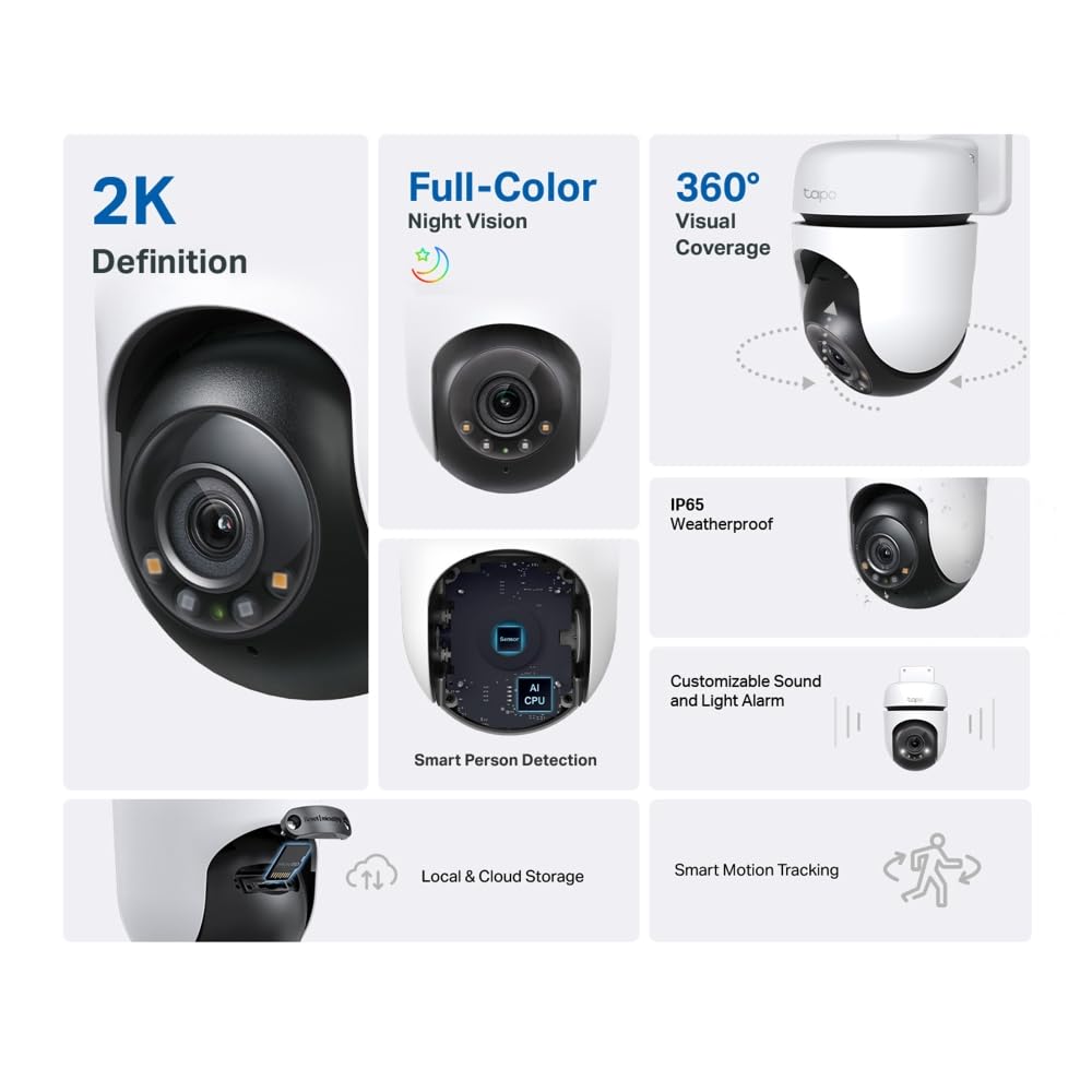 Tapo TP-Link 2K Outdoor Pan/Tilt Security Wi-Fi Camera, 360° View, Motion Tracking, Compatible with Alexa & Google Home, Night Vision, Free AI Detection, Up to 512GB Storage, C510W