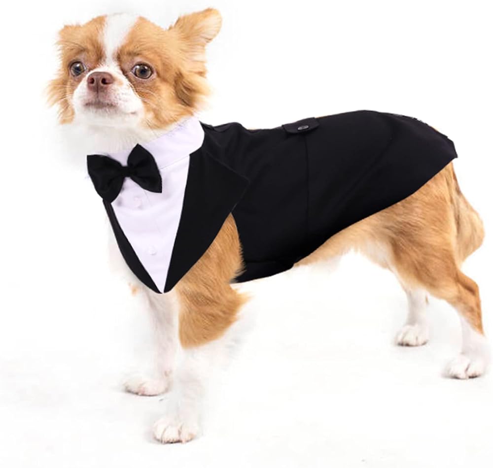 PUMYPOREITY Black & White Dog Tuxedo Outfit with Bow Tie Bandana Set