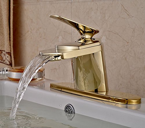 Senlesen Gold Finish Waterfall Spout Single Lever Bathroom Sink Vanity Faucet with 8-inch Cover Plate
