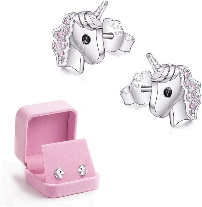 Unicorn earrings for Girls, Pink 925 Silver Unicorn Stud
