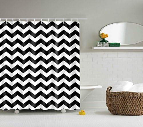 DOTZ Polyester Chevron Shower Curtain - Black and White Zig Zag Pattern - Package Includes 12 White Easy-Glide Roller Shower Hooks - Fits 180cm x 180 cm 70" x 70"