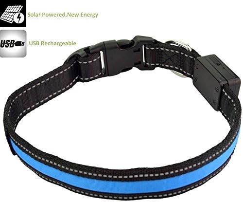 Gopsyc Adjustable Dog Safety Collar with Led Lighting – Solar Energy Power &amp; USB Rechargeable – Waterproof Durable Reflective Flashing Light Nylon Dog Collar for Dog Night Safety - Blue, Small