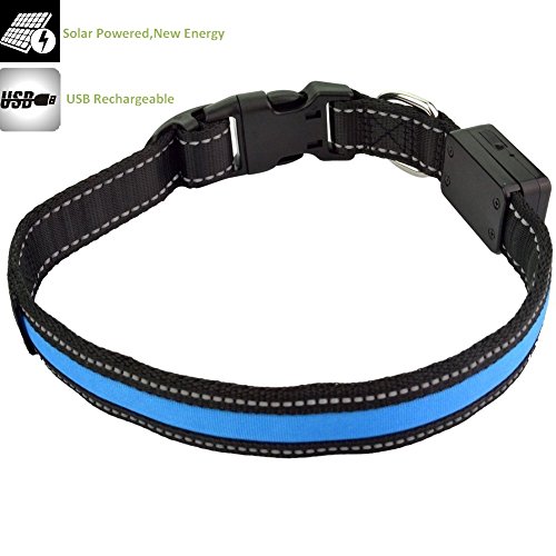 Gopsyc Adjustable Dog Safety Collar with Led Lighting – Solar Energy Power &amp; USB Rechargeable – Waterproof Durable Reflective Flashing Light Nylon Dog Collar for Dog Night Safety - Blue, Small