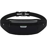 WATERFLY Running Belt Slim Breathable Back Pad 4-Pocket Runners Pouch | Fanny Pack Phone Holder up to 6.8" for Jogging Walking Gym Travel, Adjustable Waist Bag for Women Men Fits 34-50" Black