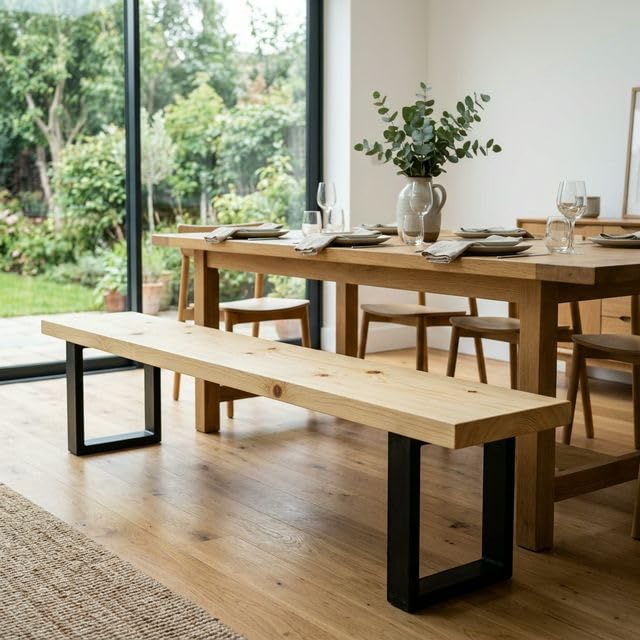 CASA FERRO Elegante Banca Exterior Resistente de Madera Maciza y Metal. Pie de Cama King Size, Comedor, Terraza, Jardín. Estilo Moderno Minimalista. (Pino Natural XG 2.00 m)