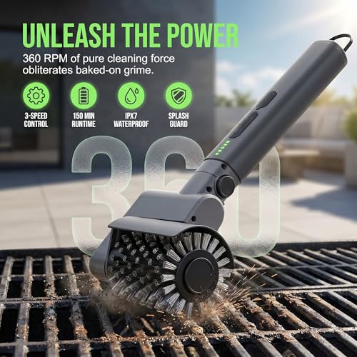 2026 Upgraded Electric Grill Brush for Outdoor Grill, 3-in-1 Cordless Rotary BBQ Grill Cleaner with 3-Speed Control, Adjustable Head, Heavy Duty Barbecue Cleaner for Cast Iron, Stainless Steel Grates