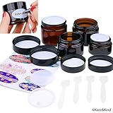 Kare & Kind Refillable Cosmetics Jars Kit - 4x Cosmetics Jars (Amber Glass), 4x Lids, 4x Inner Covers, 39x Labels + 4x Mini Spatula for Easy Filling - For Creams, Essential Oils, Powders, etc.