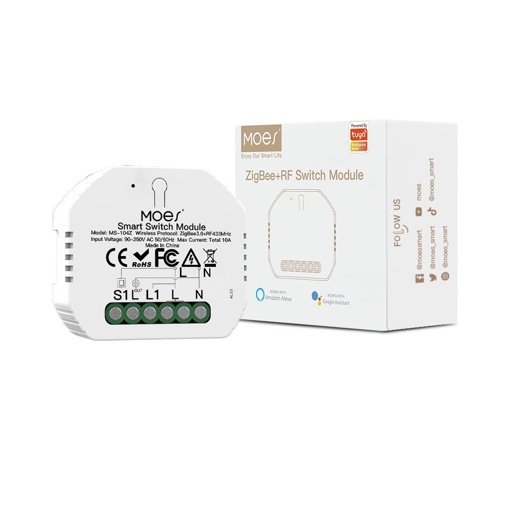 MOES Mini DIY Tuya ZigBee Smart Light Switch Module, Tuya Zigbee Hub Required, Wireless Control, Voice Assistant Integration, Easy Installation with Neutral Line, 1 Gang