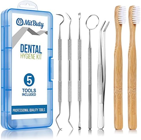Dental Hygiene Tools Kit & 2pcs Bamboo Toothbrush – Professional Stainless Steel Dentist Instrument Set Includes Month Mirror|Dental Pick|Sickle Scaler|Tartar Remover|Tweezers – Pet-Friendly