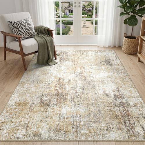 DEFYNEE Wohnzimmer Teppich 120 x 180 cm | Rutschfester Kurzflorteppich in abstraktem Design | Waschbar für Schlafzimmer & Homeoffice, Neutralbraun