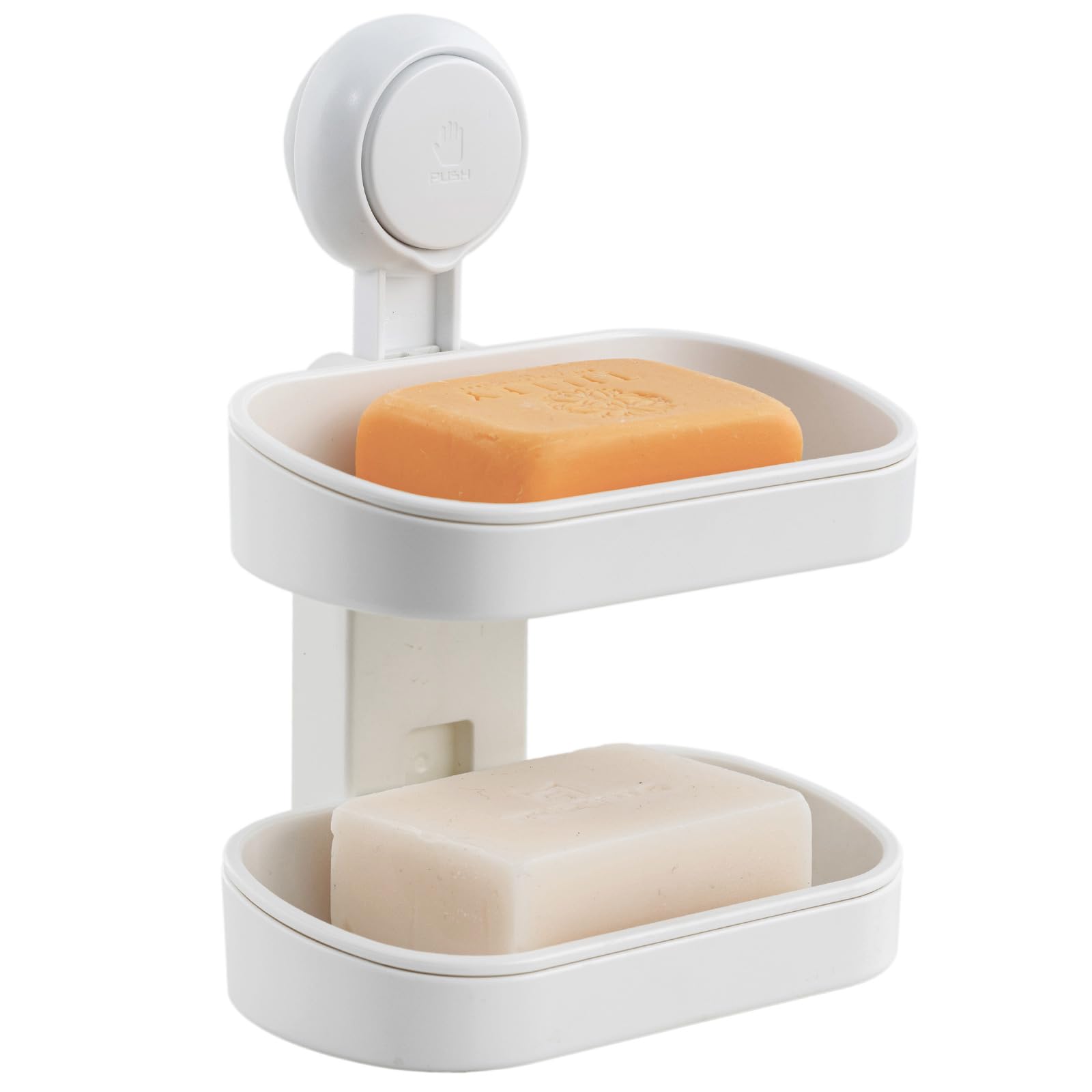 LEVERLOC Soap Dish Holder for Shower, Double Layer Suction Cup Wall Mounte Self Draining Removable Waterproof Strong Suction Bar Soap Holder for Shower, White