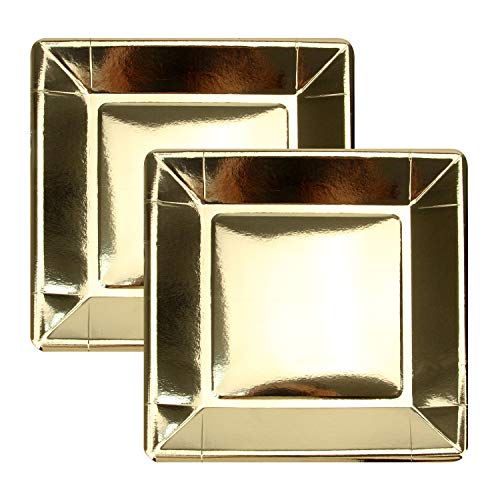 Pack of 100 Gold Disposable Shiny Foil Paper Plates, Square 9", Party Supplies for Appetizer, Lunch, Dinner, or Dessert