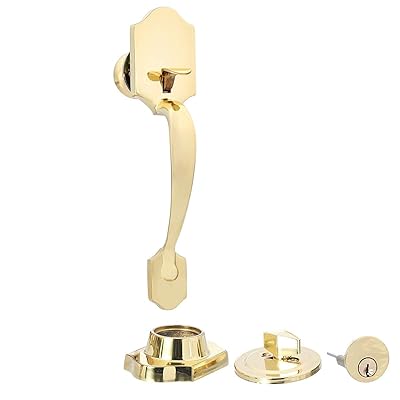 AmazonBasics Standard Handle Set with Lock and Deadbolt, Classic Door Knob, Polished Brass
