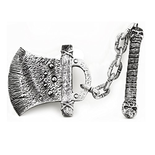 Adorox Plastic Grey Axe with Chain Mace Toy Weapon Cosplay Halloween Warrior Knight Armor Costume Spartan Accessory Prop
