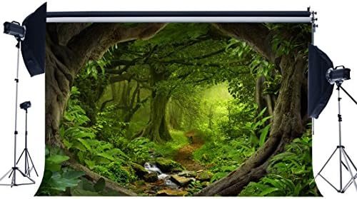 Gladbuy Vinyl 7X5FT Tropical Jungle Forest Backdrop Fairytale Woods Backdrops Dirt Road Path Cascade Old Tree Green Grass Meadow Photography Background for Kids Adults Tourism Photo Studio Props BL02