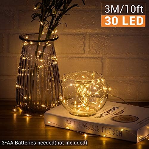 LED String Lights, GlobaLink 3M 30Led Battery Powered Fairy String Lights, Copper Wire Light 8 Modes Waterproof Mini Starry Light for Outdoor Indoor, Bedroom, Party, Wedding Decorations - Warm White