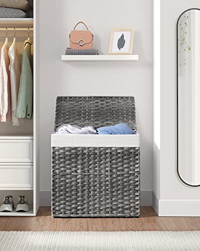 SONGMICS Cesto de la Ropa,130 L,Cesto de Lavandería,Tejido a Mano,con Compartimentos Separados,con Tapa y Asas,Ratán Sintético,Plegable,Bolsa de Forro Extraíble,Gris MLCB253G01.