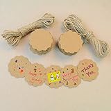 Marrywindix 100pcs DIY Blessing Easter Cards Greeting Card Wedding Brown Scalloped Round Kraft Paper Tag Label Bonbonniere Favor Gift Tags with Jute Twines