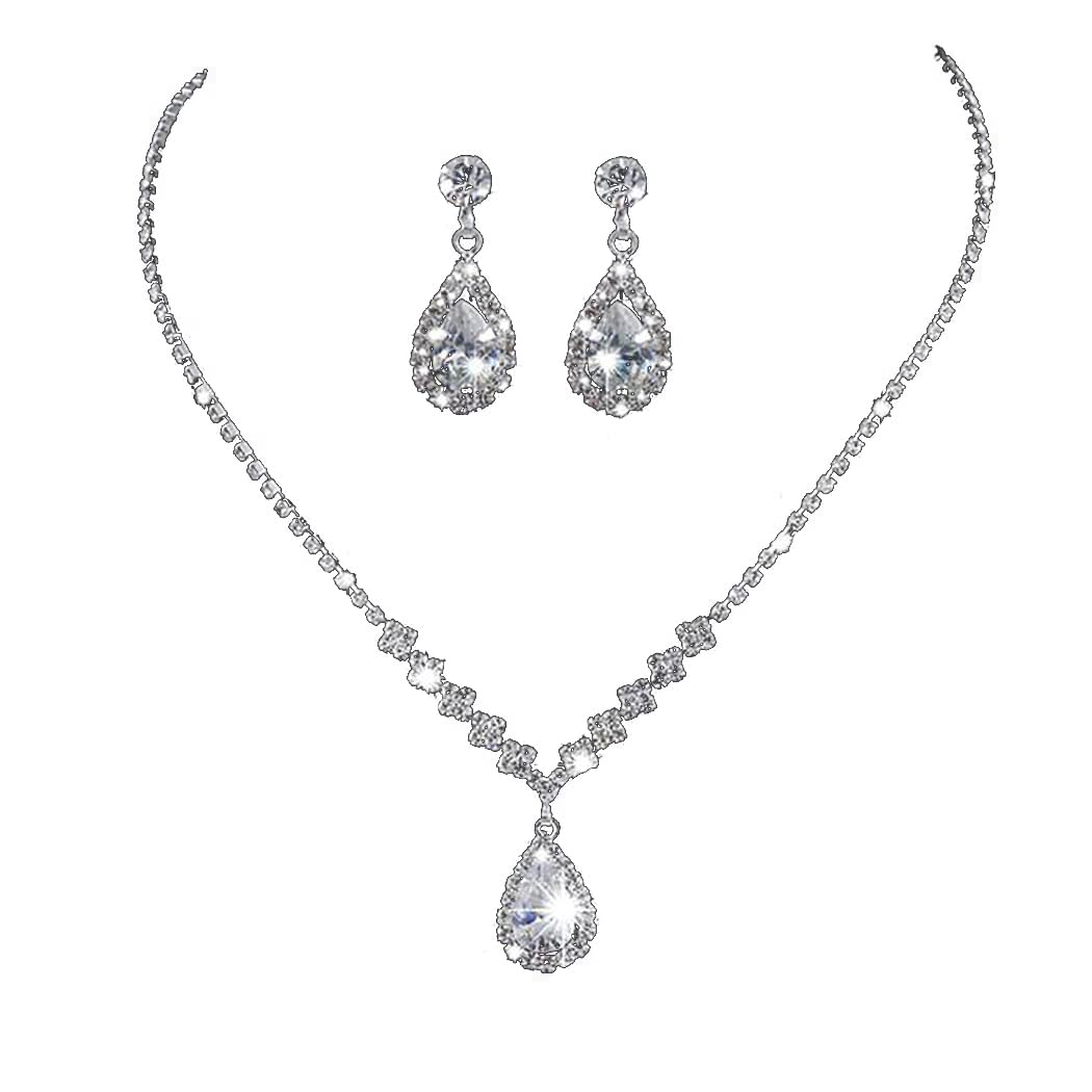 Carufin Bride Wedding Crystal Necklace Earrings Set Silver Bridal Choker Necklaces Pendant Jewelry for Women and Girls (Silver)