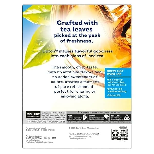LIPTON UNSWEETENED BLACK ICED TEA K-CUPS 24-PACK FOR KEURIG COFFEE MAKERS – RAINFOREST ALLIANCE CERTIFIED TEA PODS WITH SMOOTH CRISP FLAVOR, BREW HOT OVER ICE FOR REFRESHING BEVERAGE