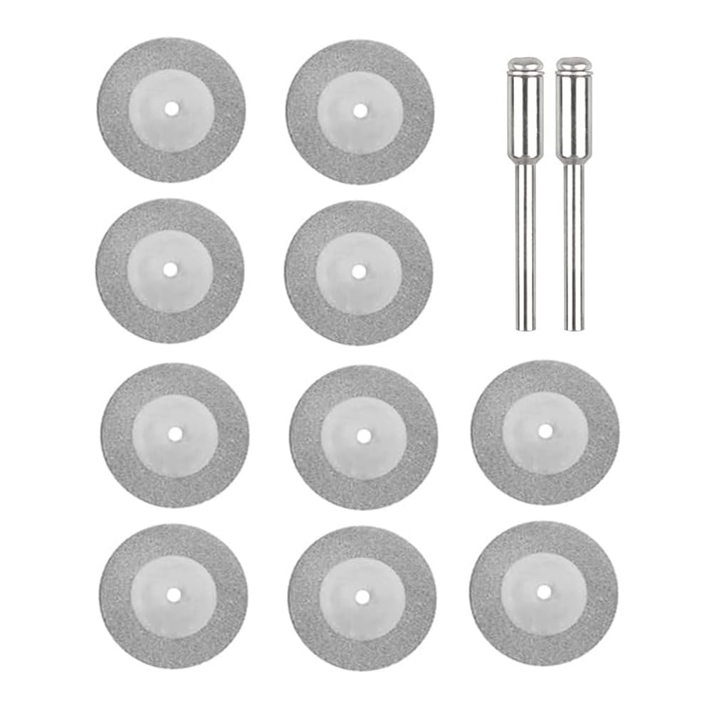 MiJunHD 10PCS 16mm Diamond Cutting Discs & 2PCS 3mm Shank Mandrel, Rotary Tool Diamond Cutting Wheel Kit for Metal Tile Wood Glass Marble Plastic Jade (Cutting Blade without Holes)