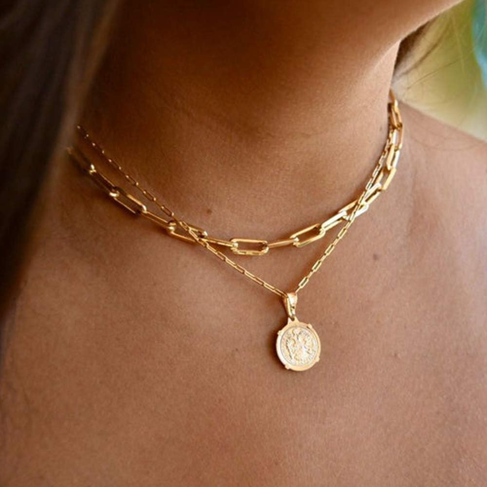Gold Link Choker Necklaces for Women - 14K Gold Coin Chain Set Link Chain Necklace Set Link Chain Thick Layering Chain Necklace for Women: Clothing
