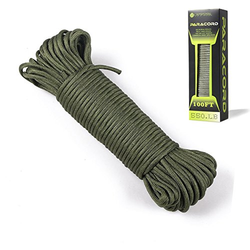 550 Paracord Lanyard Parachute Cord - Type III 7 Strand 100% Nylon Rope (Army Green, 100ft)