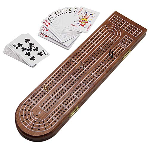 Juegoal Wood Cribbage Board Game Set 3 Tracks with Metal Pegs, Cards, Storage Area