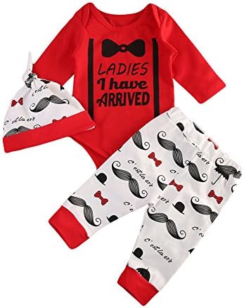 CAIBIET Newborn Baby Girl Boy Coming Home Outfits,Ladies I Have Arrived Bodysuit+Print Long Pants with Hat Infant 3Pcs/Set (80(6-12 Months), Red)
