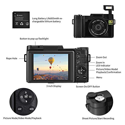 Cmara-Digital-Camara-de-Fotosa-27K-24MP-Camara-Compacta-Full-HD-para-Youtube-Camara-Fotos-con-Pantalla-giratoria-de-rotacin-de-180-Grados-de-30-Pulgadas-con-luz-de-Flash-retrctil