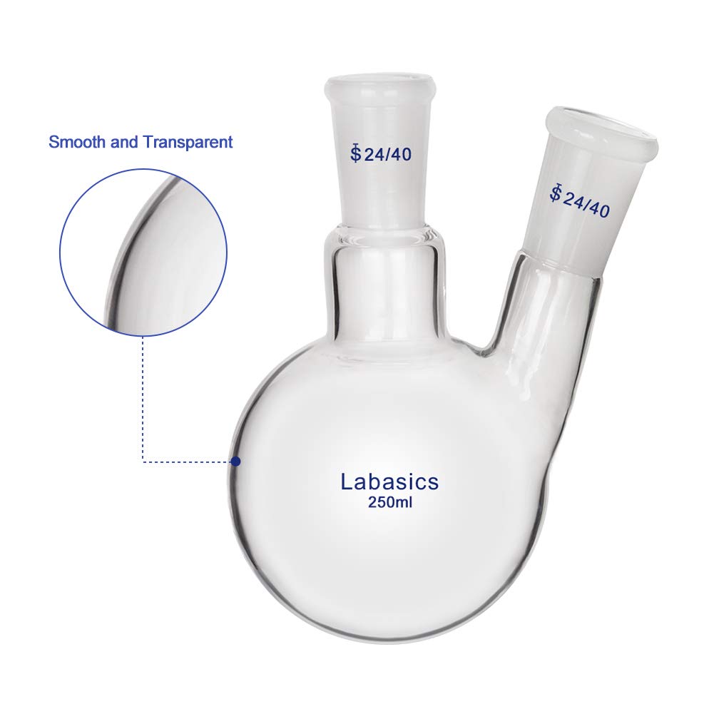 Labasics Glass 250ml 2 Neck Round Bottom Flask RBF, with 24/40 Center and Side Standard Taper Outer Joint, 250ml - Image 3