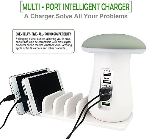 Charging Station Mushroom Night Light, Addprime 5-Port Charger Hub QC 3.0 Fast Charger interfaces Desk Lamp Charger Dock with Phone Slots Portable Charger for iPhone iPad Tablet PC Android SmartPhone